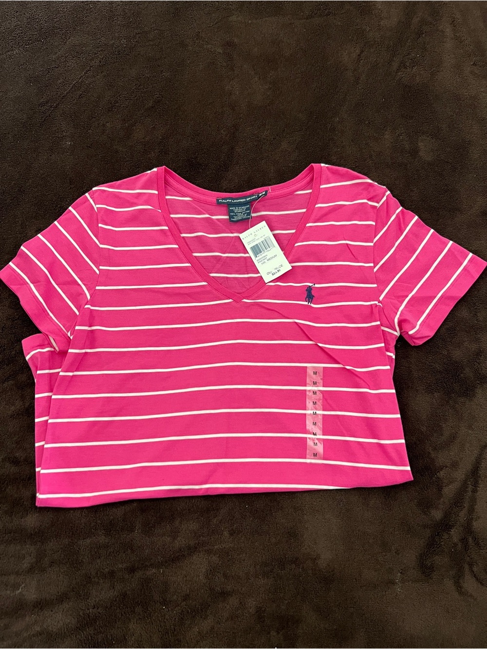 NWT Ralph Lauren Hot Pink Striped V-Neck Short Sleeve Tee